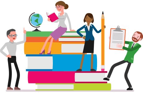 Graphic showing employees with books, globe, pencil, and a notepad.